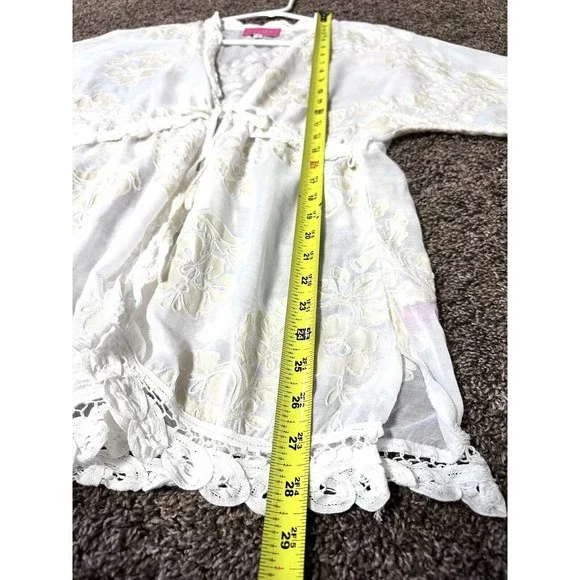 Betsey Johnson White Lace Floral Sheer Kimono Cover Up Tie Front Size S/M - Picture 10 of 11
